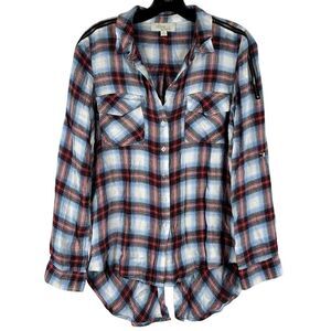 Olive & Oak Plaid Button Down Zipper Shoulder Split Tail Blouse Small